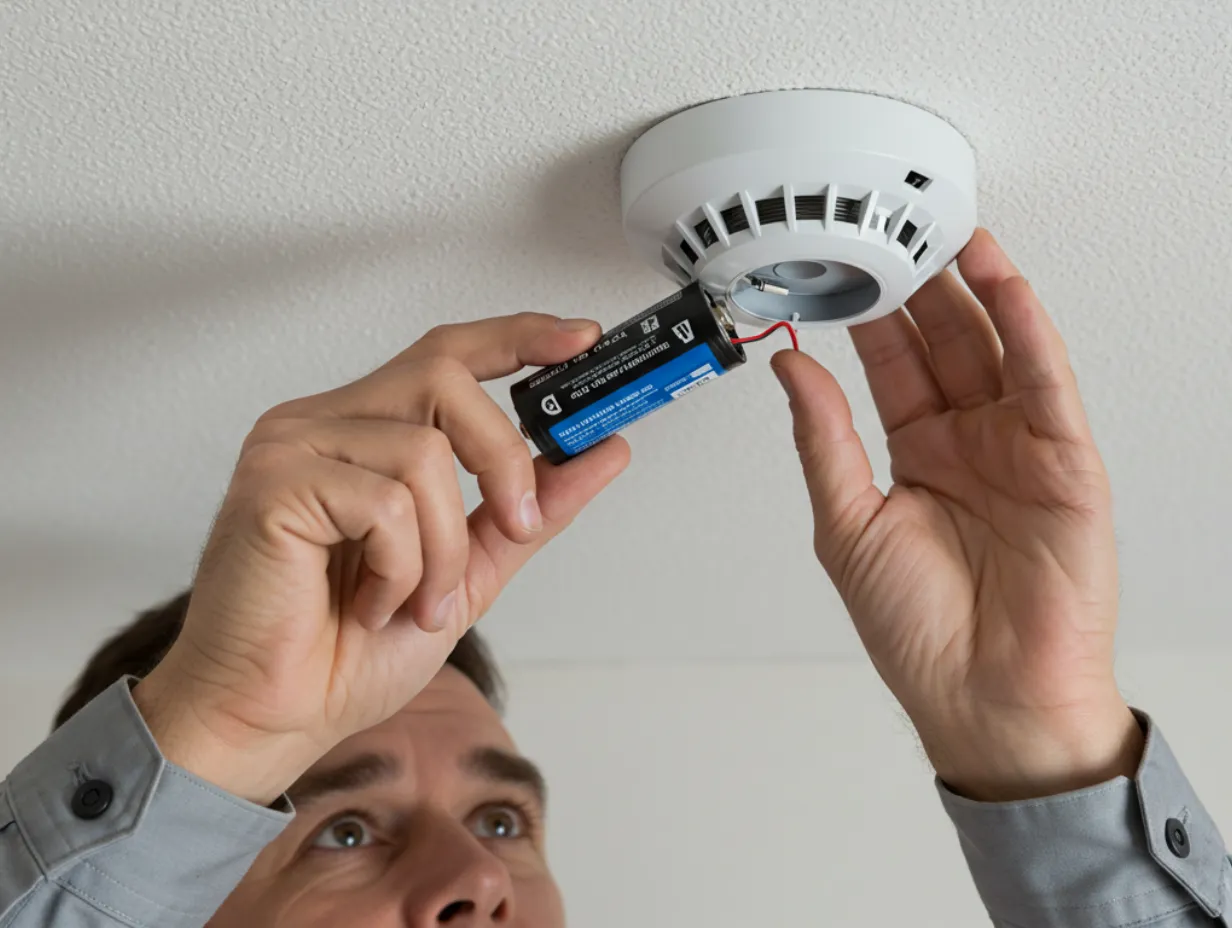 A smoke alarm with a 10-year expiration label and a fresh battery.